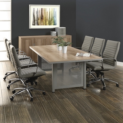 at Work Six Seat Conference Table and Harper Chair Set 8 W Gray Laminate Top Brushed Nickel Frame Williamsburg Blue Polyurethane Chrome Base