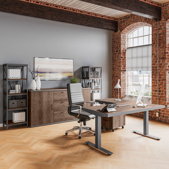 Rivet Office Furniture Set w Adjustable Height L Shaped Desk