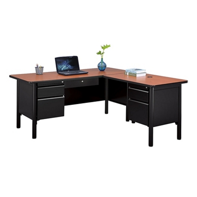 Union & Scale Essentials Single-Pedestal L-Shaped Desk with Integrated Power Management, 59.8 x 59.8 x 29.7, Natural Wood/Black