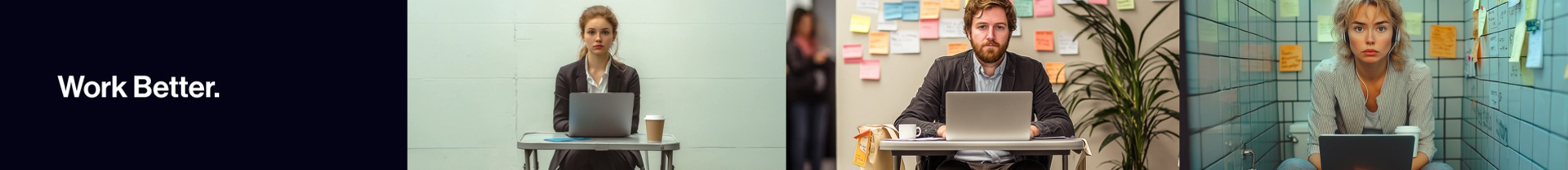 A woman in a gray sweater sits in a tiled bathroom stall, holding a laptop and a coffee cup, looking directly at the camera. White text on the left reads “Need better privacy options? Let’s solve that.” The stall walls are covered in sticky notes, suggest