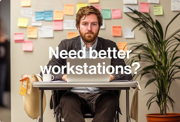 A bearded man in a blazer sits at a folding table in an office, working on a laptop. White text on the left reads “Need better workstations? Let’s solve that.” A large trash can is visible on the right, and colorful sticky notes are pinned to the wall beh
