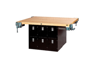 Workbench with Twelve Gray Steel Lockers and Four Vises - 54" x 64"