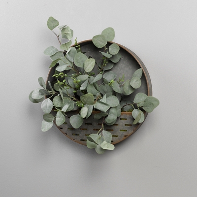 Silver Dollar Eucalyptus Spray in Round Metal Wall Hanging