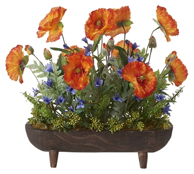 Orange Poppies and Blue Wild Flowers in Oblong Wooden Planter with Legs