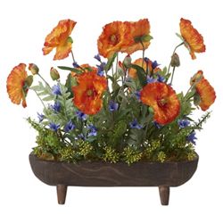 Orange Poppies and Blue Wild Flowers in Oblong Wooden Planter with Legs
