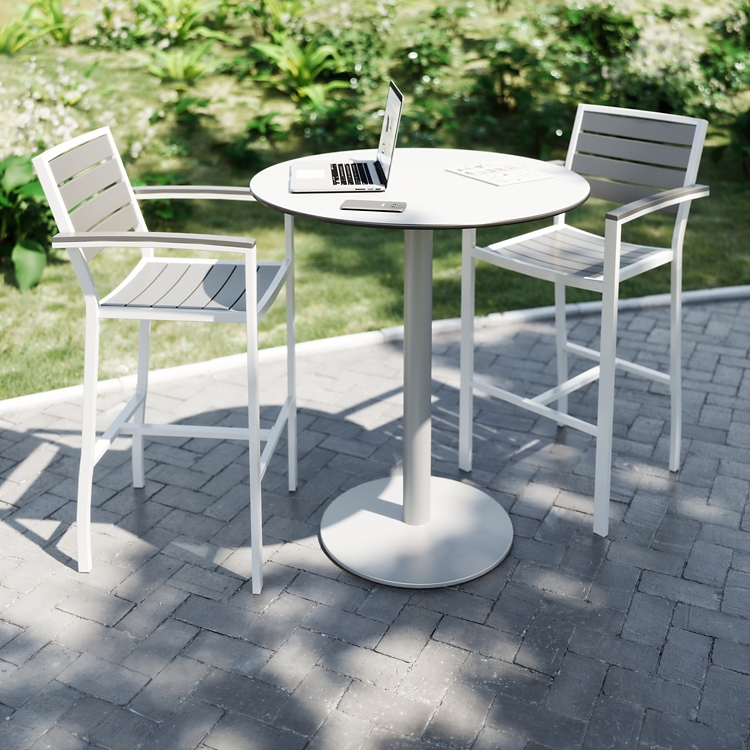 Shop modern outdoor seating at National Business Furniture, including chairs, benches, and stools designed for comfort.