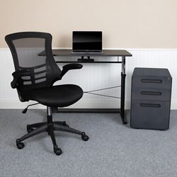 Adjustable Height Desk with File and Mesh Chair