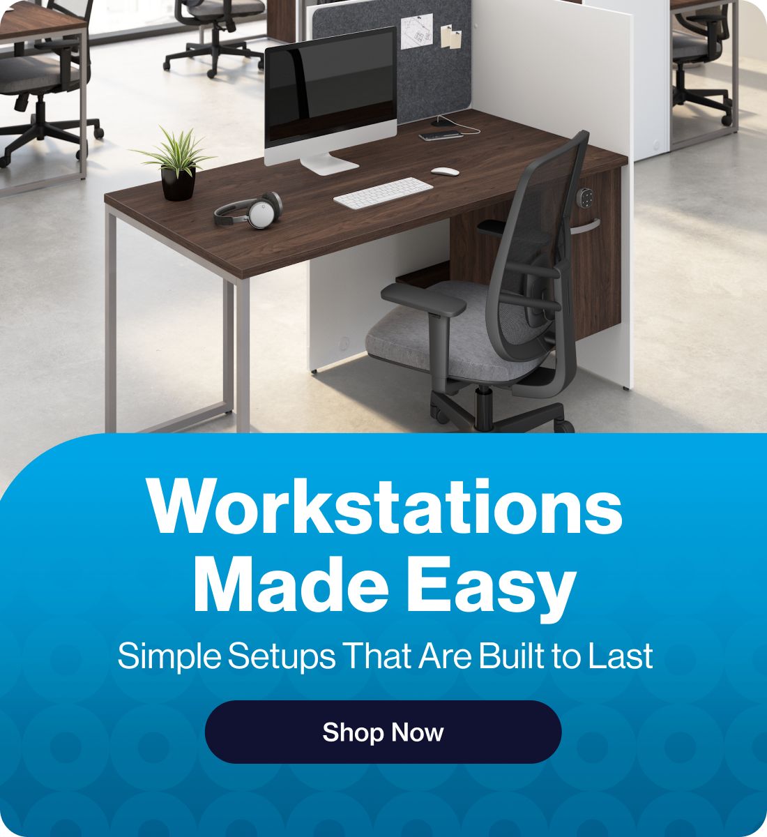 Workstations Made Easy banner featuring modern office workstation setups and a Shop Now call to action.