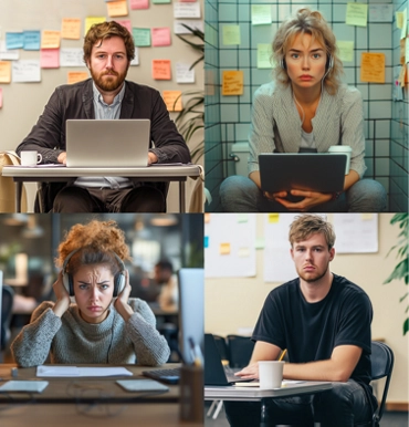 4-panel banner. Left: white text “Work Better. Your teams need a better workspace. Unmatched selection for any budget or style.” Right: images—woman in stall; man at folding table; frustrated woman with headphones.
