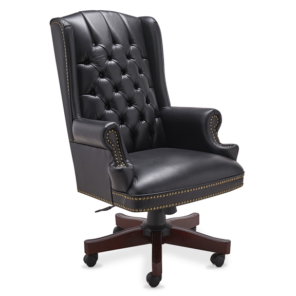 NBF Signature Series McKinley Faux Leather Wing Back Executive Chair Black Polyurethane Mahogany Wood Finish 11990 01