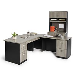 Bowfront L-Desk and Locking Lateral File with Hutch