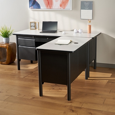 Stahl Double Pedestal L-Shaped Desk with Center Drawer - 66