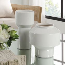 White Ceramic Vases, Set of Two