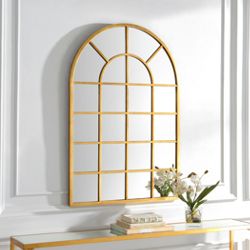 Gold Leaf Arched Windowpane Mirror - 31"Wx44"H