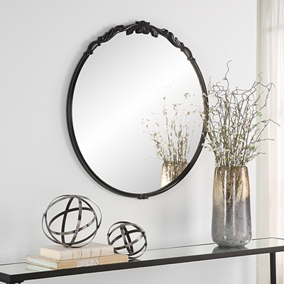 Round Ornate Satin Black Mirror - 30"Wx31"H