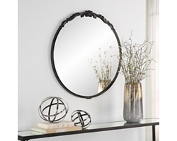 Round Ornate Satin Black Mirror - 30"Wx31"H