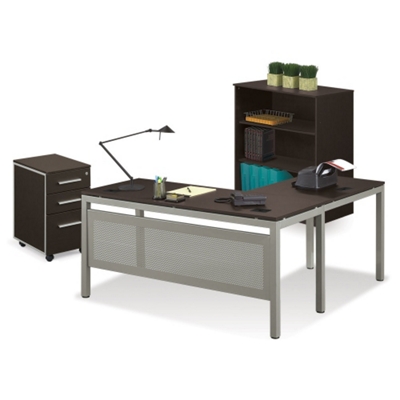 At Work L-Shaped Desk with Mobile Pedestal and Bookcase Set