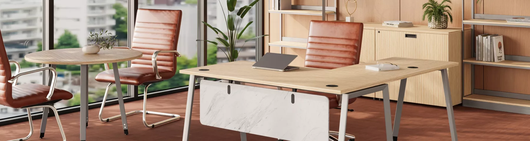 Modern office workstations with desks, chairs, and storage