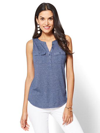 NY&C: Sleeveless Henley Two-Pocket Top - Heathered Navy