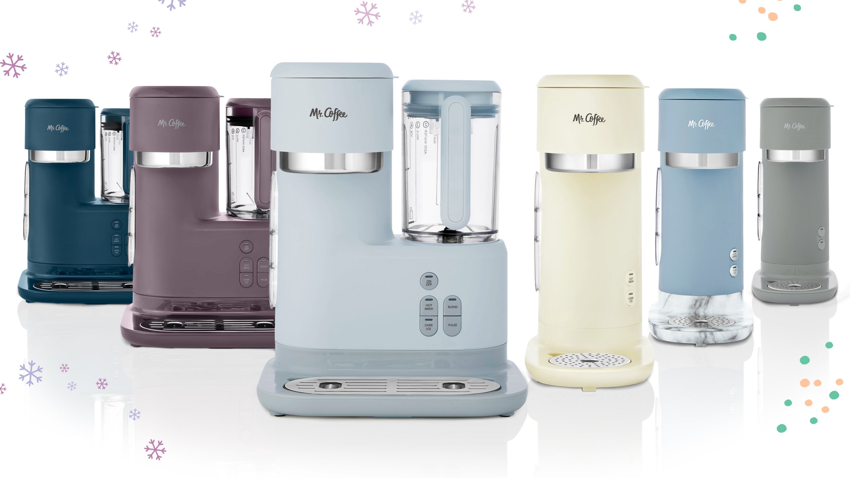 Colorful lineup of mr. coffee coffeemakers