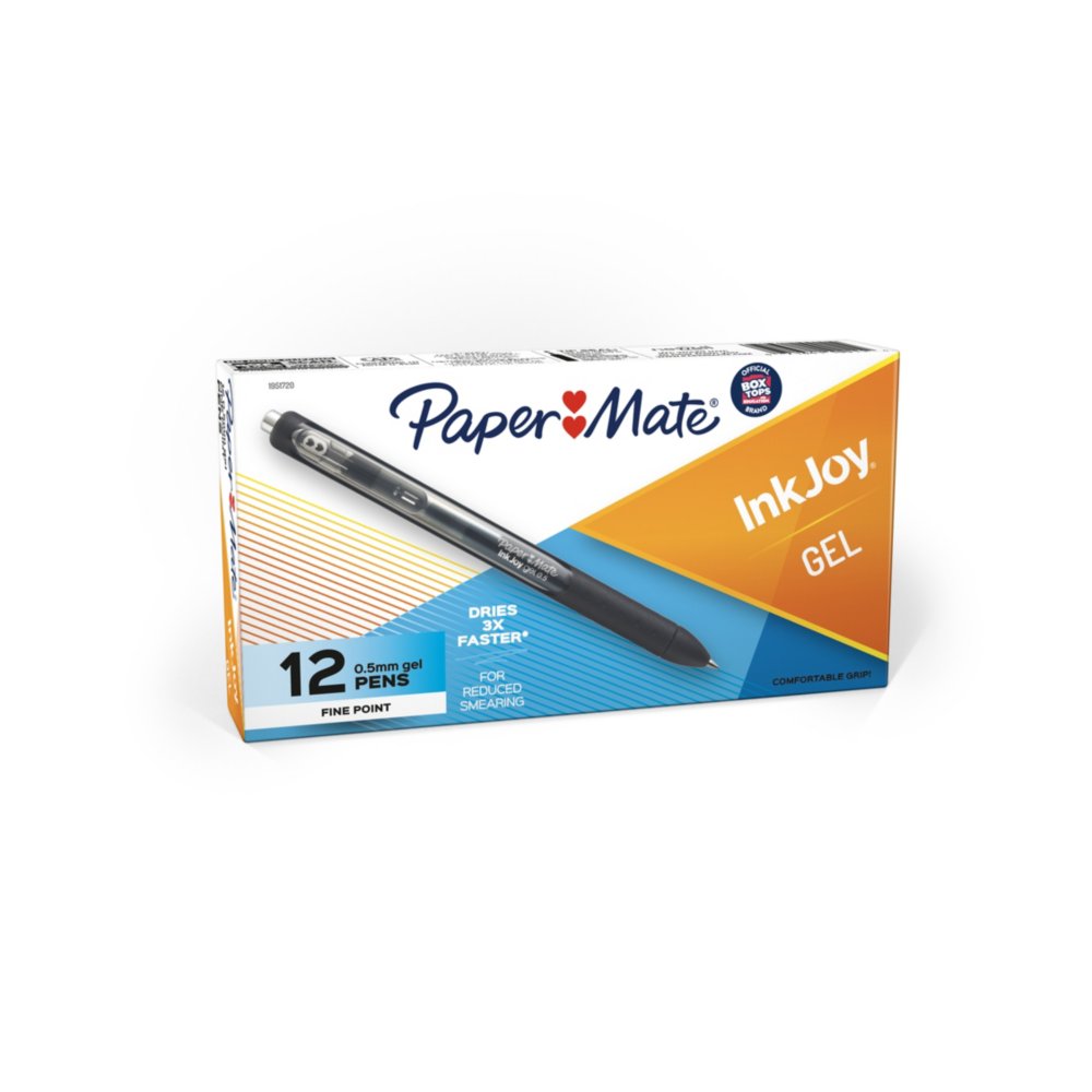 Paper Mate InkJoy Gel Pen, Retractable, Fine 0.5 mm, Black Ink, Black/Smoke  Barrel, 8/Pack