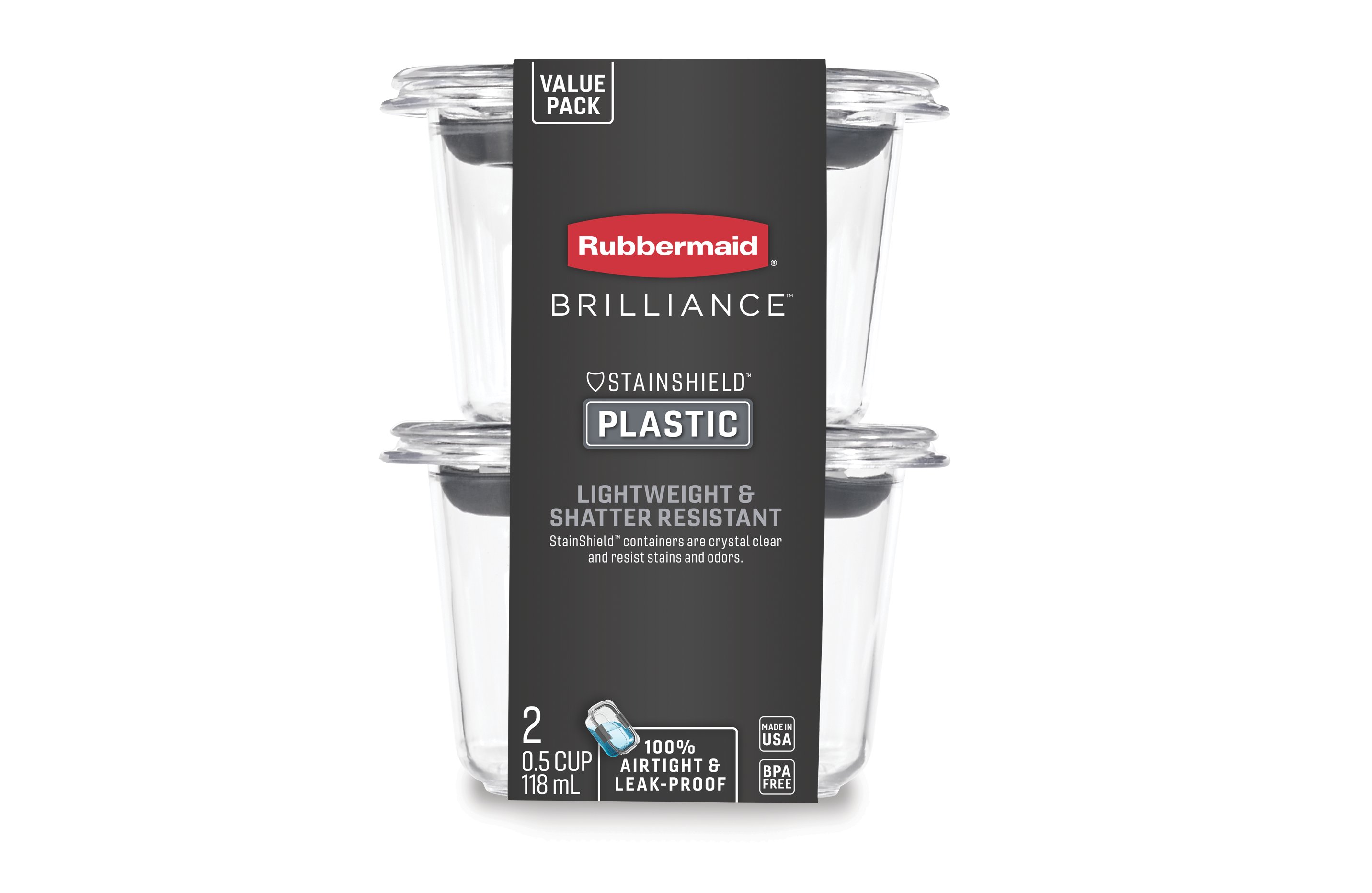 Rubbermaid Brilliance Containers, Plastic, StainShield, 3.2 Cup, Value Pack - 2 containers
