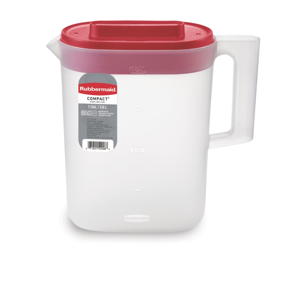Rubbermaid 2122590 Clear 1 Gallon Beverage Pitcher with Red Lid