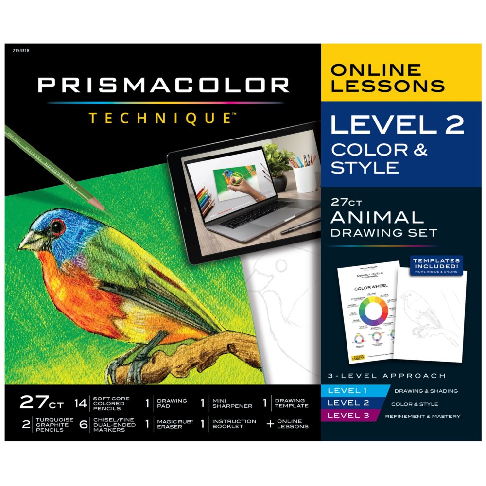 Prismacolor Technique, Art Supplies with Digital Art Lessons, Drawings Set, Level 1, How to Draw Animals with Colored Graphit