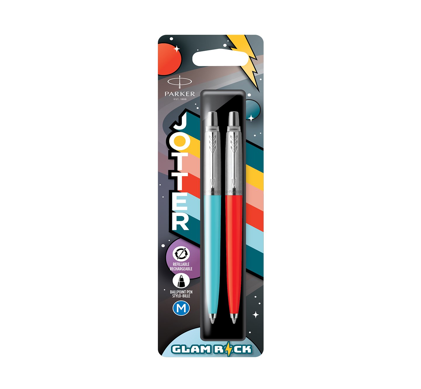 glam rock inspired ball point pens in packaging