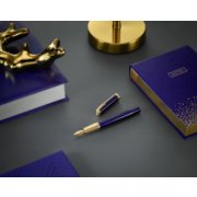 blue and gold fountain pen uncapped on desk with books image number 8