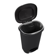 rubbermaid 13 gallon step on trash can with liner lock lid open front side angle image number 3