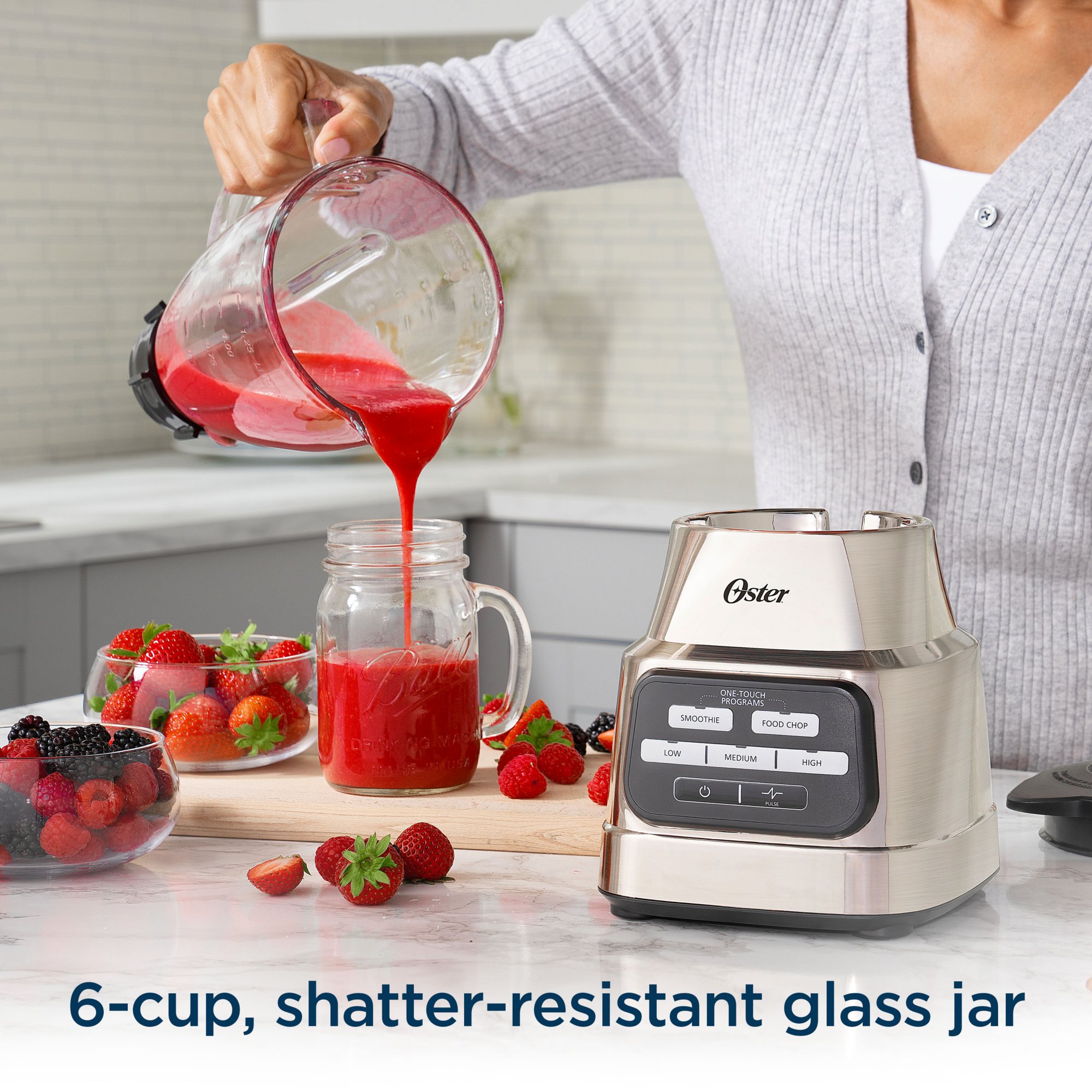 Oster Easy-to-Use 6-Cup Glass Jar Blender, Food Chopper and Ice Crush,  Smoothie Blender, White 