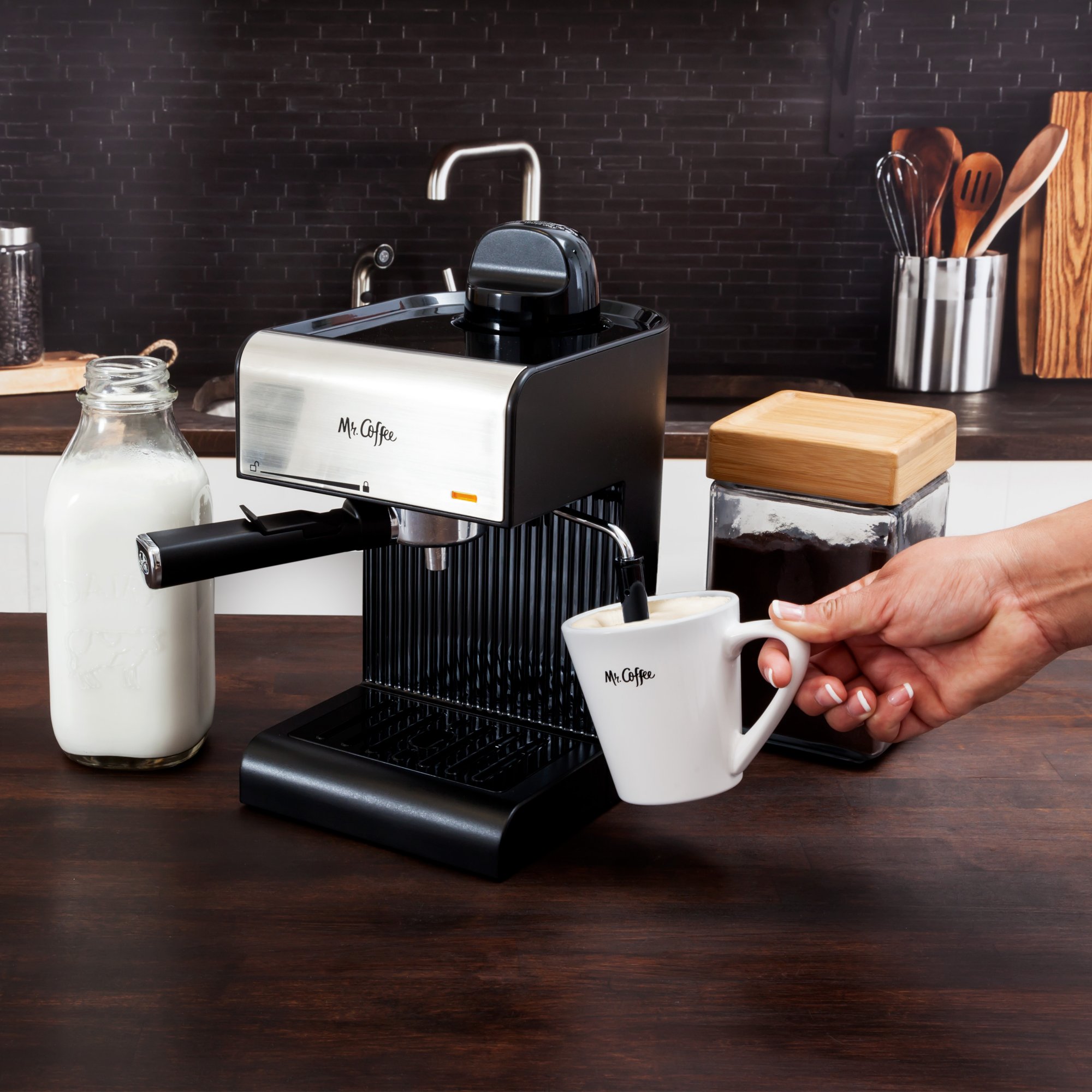 Mr. Coffee® 4-Shot Steam Espresso, Cappuccino, and Latte Maker in Black 