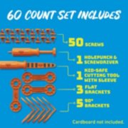 60 count set includes 50 screws, 1 holepunch and screwdriver, 1 kid-safe cutting tool, 3 flat brackets, 590 degree brackets image number 4