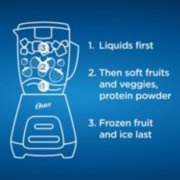 liquids first, then soft fruits and veggies, protein powder, frozen fruit and ice last image number 6