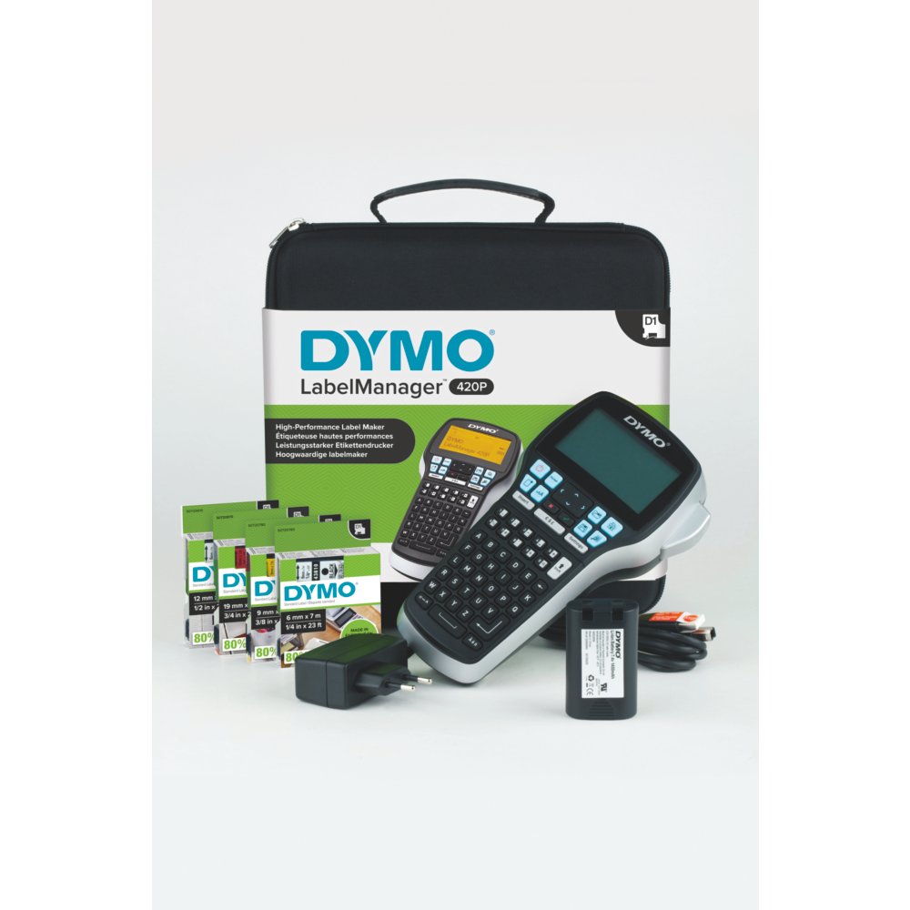ABC-Tastatur Bandsystem, D1-Bänder: 6, 9, 12, 19 mm Selbstklebend, für den Drucker LabelManager, 12 mm x 7 m Rolle + D1-Etiketten schwarz auf weiß Dymo LabelManager 420P Etikettiergerät