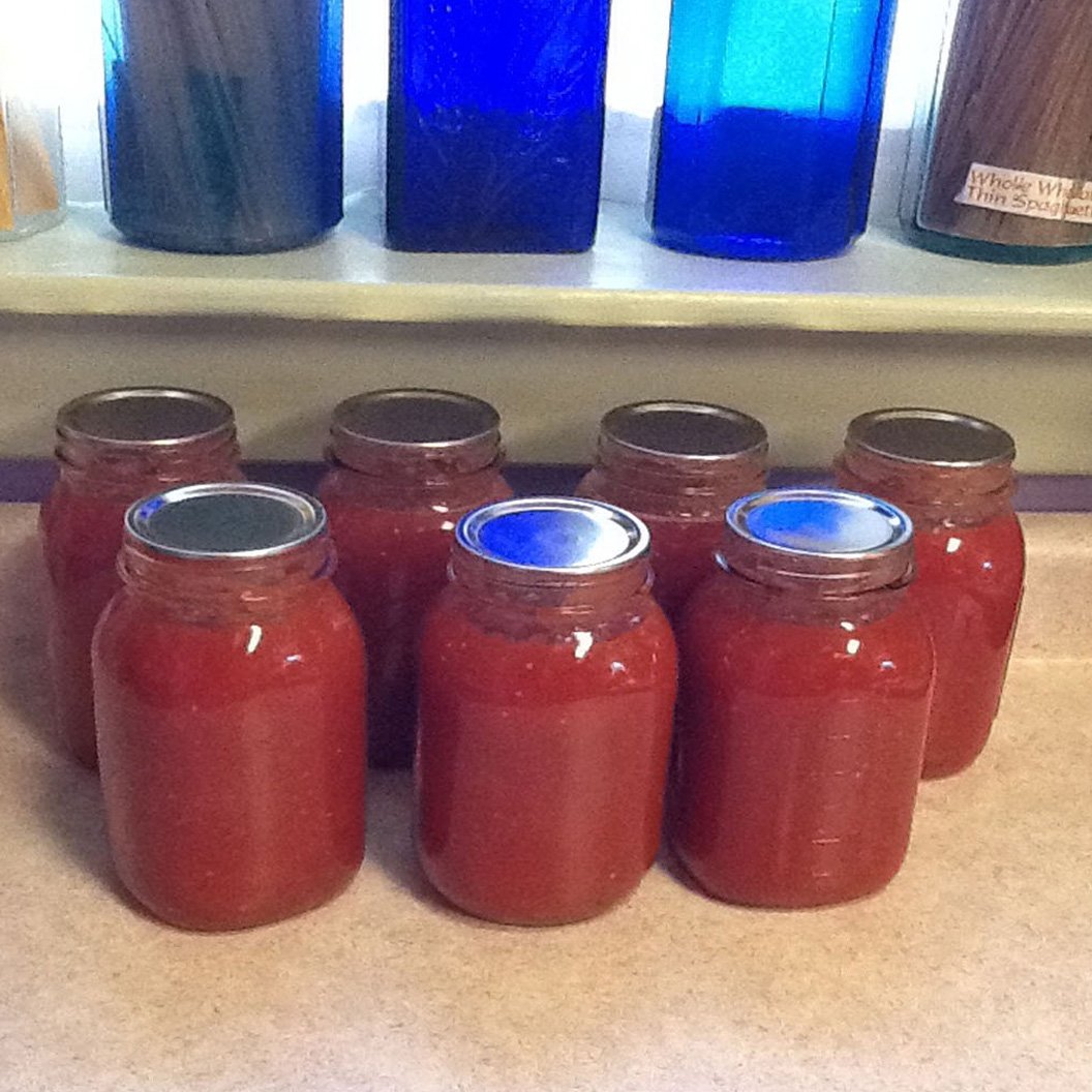 7 Ball jars filled with tomato sauce on kitchen counter