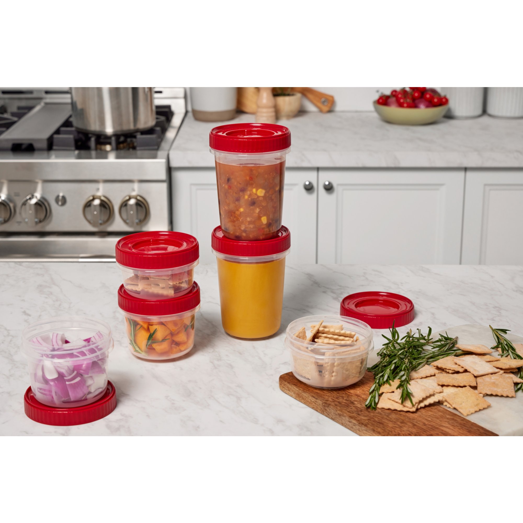 Rubbermaid TakeAlongs Twist & Seal 2.1-Cup Food Storage Containers, Ruby, 3-Pack