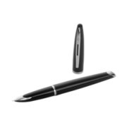 A Carene fountain pen with chrome trim laid next to a pen cap stood upright. image number 4