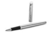 A Hemisphere rollerball pen with chrome trim laid next to an upright pen cap. image number 4
