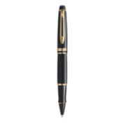An Expert rollerball pen with gold trim stood upright with pen tip pointing down. image number 1