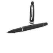 An Expert rollerball pen with chrome trim laid next to an upright pen cap. image number 4