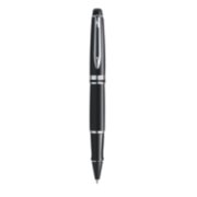 An Expert rollerball pen with chrome trim stood upright with pen tip pointing down. image number 1
