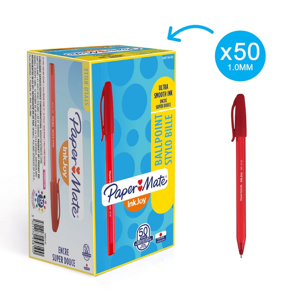 Paper Mate stylo bille à capuchon InkJoy 100 CAP, pointe moyenne 1 mm, assortiment de couleurs originales