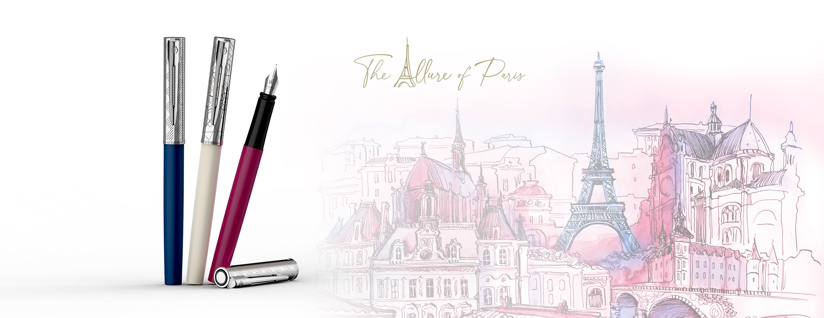 three pens with one uncapped next to drawing of Eiffel Tower titled The Allure of Paris