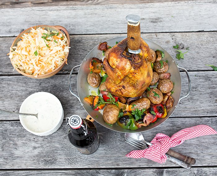 Whole grilled chicken, cabbage salad with horseradish and carrots