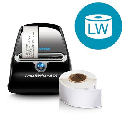 A Label Writer 450 printing a label next to a roll of labels.