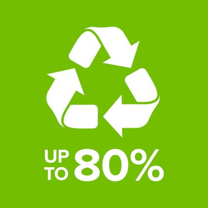 A recycle sign with text that reads Up to 80 percent.