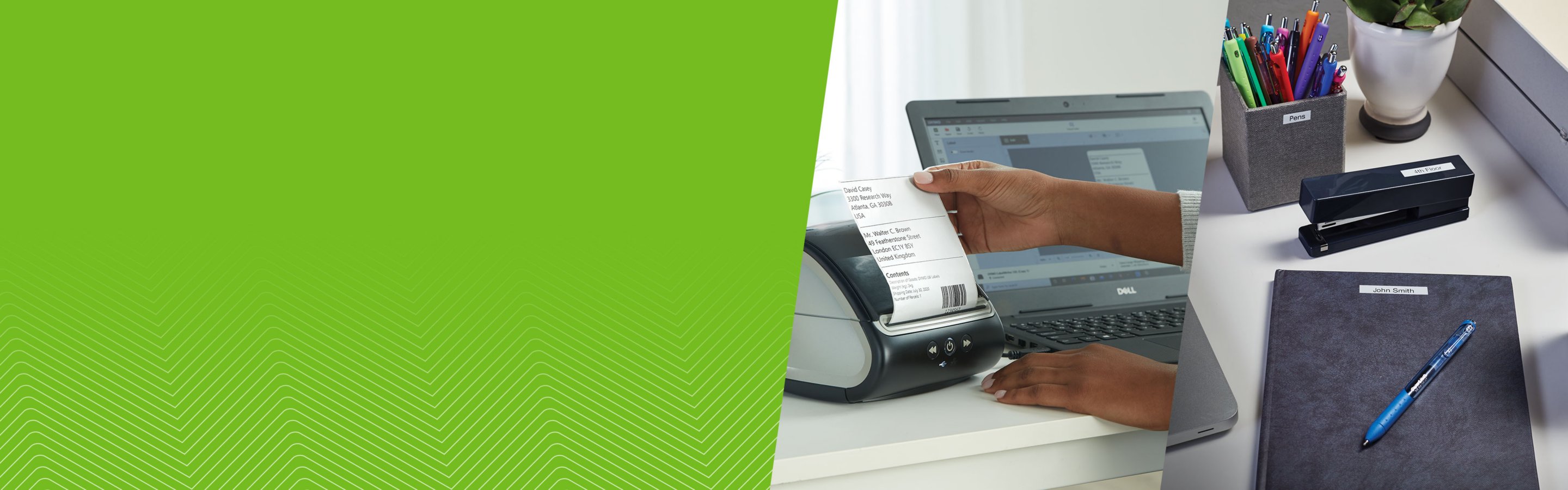 A person printing a label from a laptop. A labeled notebook on a desk.