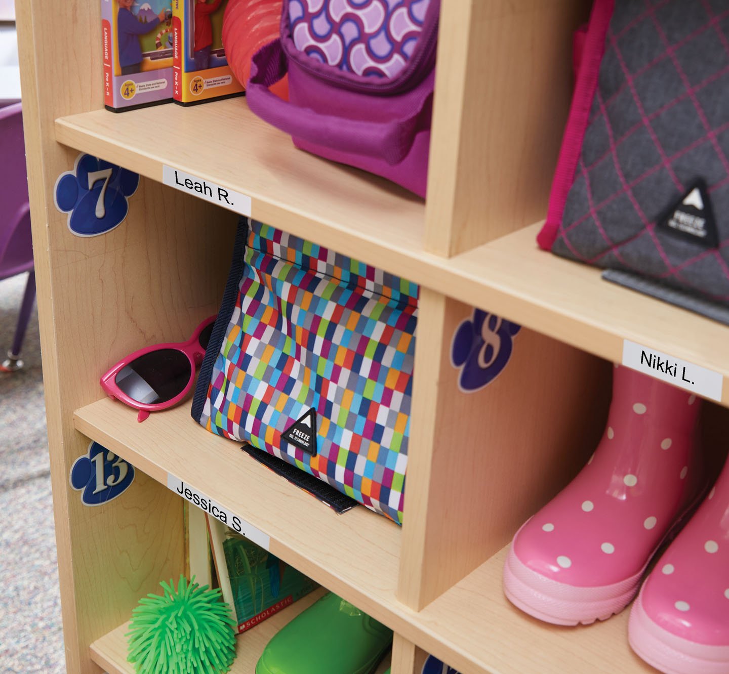 Shelves with name labels.